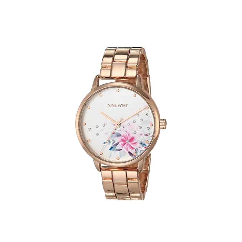 Nine West Women’s Crystal-Accented Floral Rose Gold Bracelet Quartz Watch