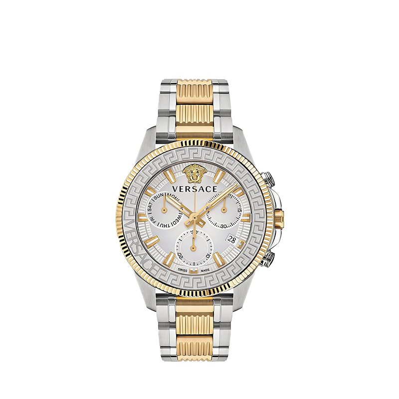 Versace Greca Chronograph Two-Tone Gold Silver White Dial Men’s Luxury Watch