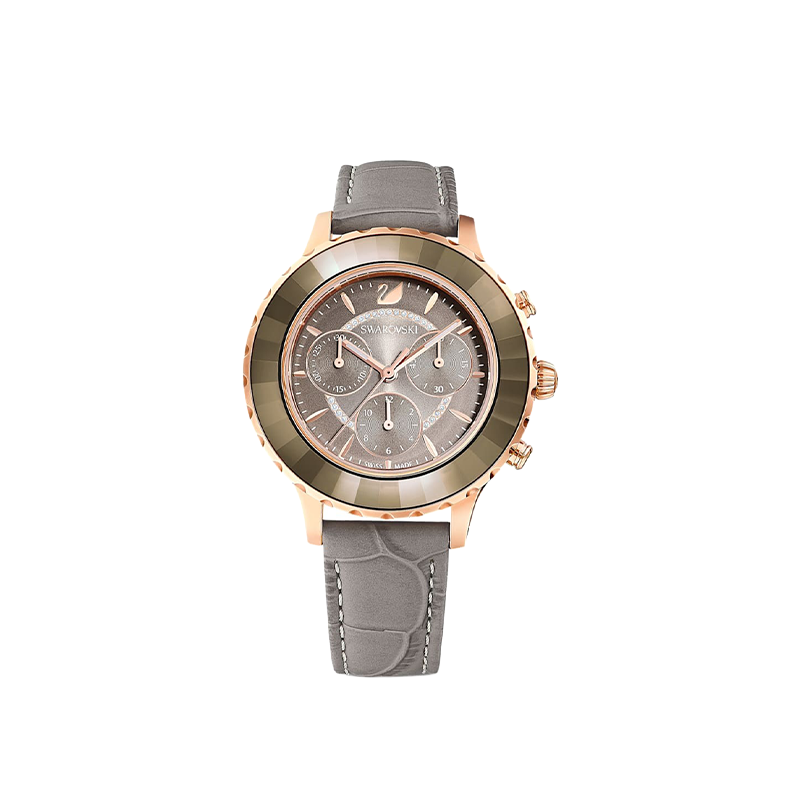 Swarovski Grey Aura Swiss-Made Crystal Stainless Steel Watch with Leather Strap – Women’s