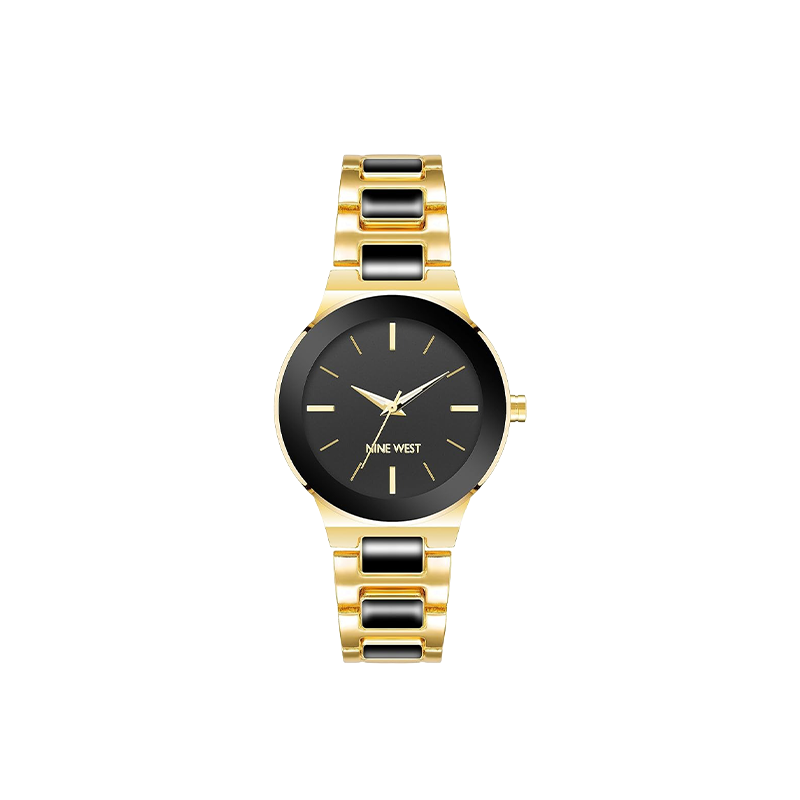 Nine West Black Enamel & Gold-Tone Link Quartz Women’s Watch 34mm