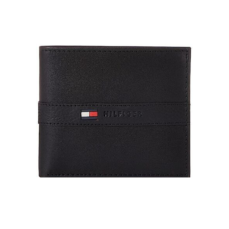Tommy Hilfiger Signature Black Leather Bifold Wallet with Flag Accent
