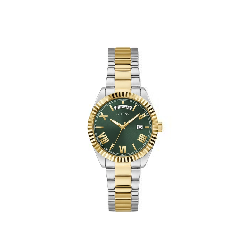 GUESS Luna Two‑Tone Green Dial Day‑Date Watch