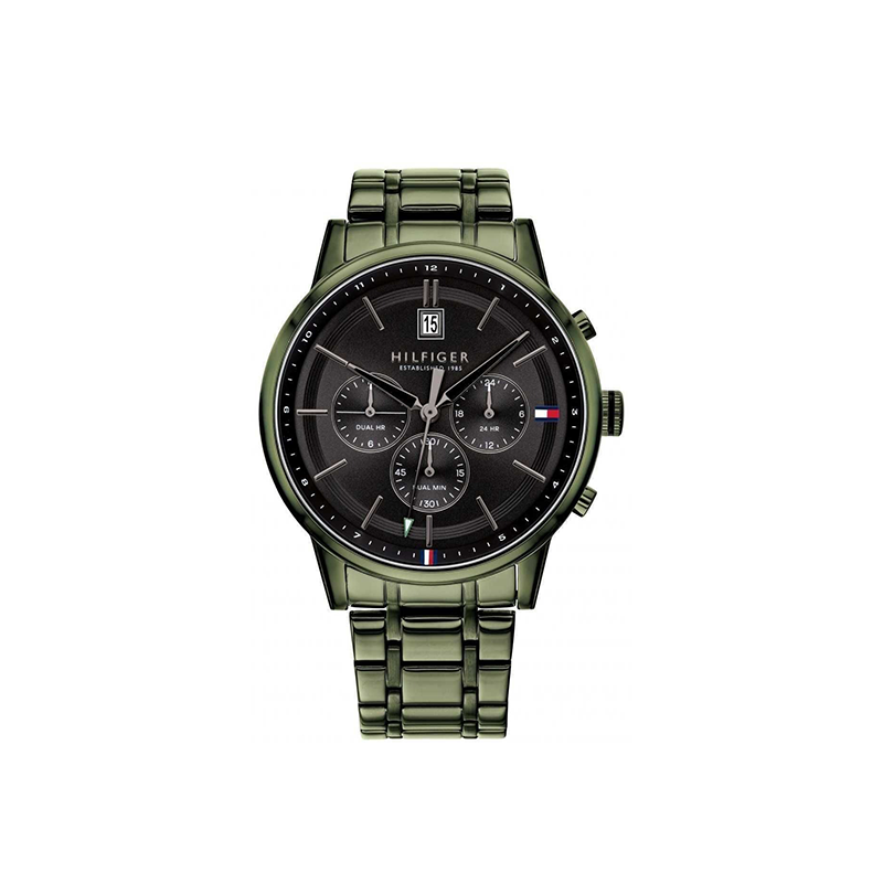 Tommy Hilfiger Kyle Men’s Dual Time Watch 1791634 – Black Dial & Green Metal Bracelet