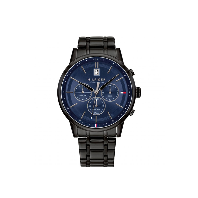 Tommy Hilfiger Kyle Men’s Dual Time Watch 1791633 – Blue Dial & Black Metal Bracelet