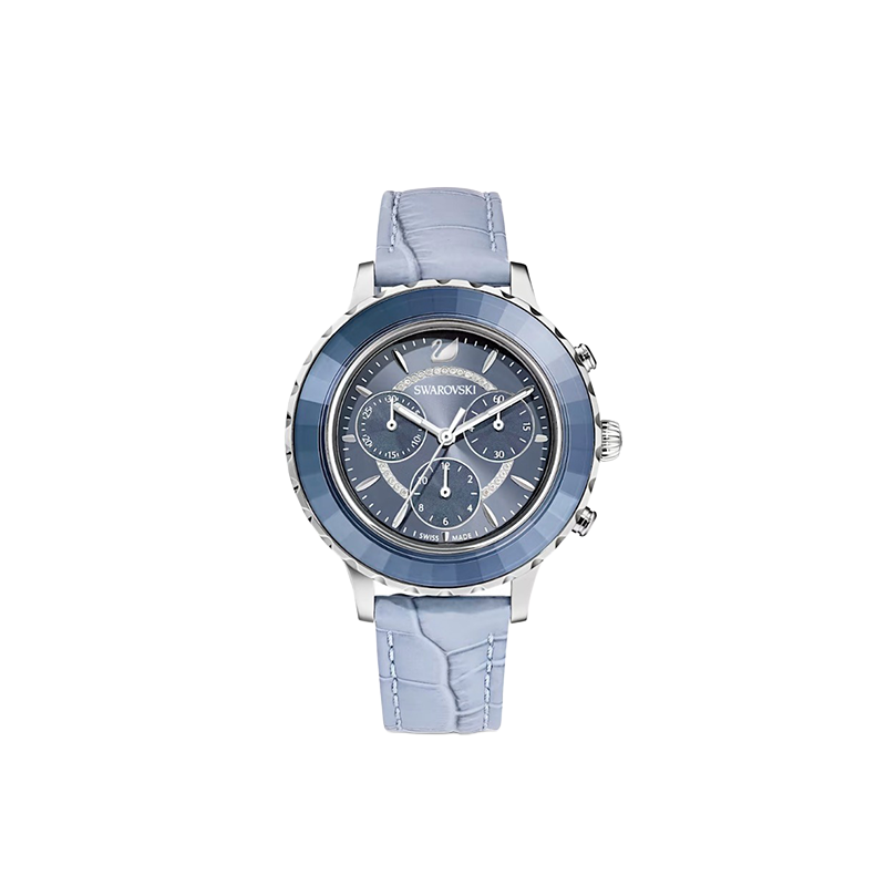 Swarovski Octea Lux Chrono Swiss-Made Blue Crystal-Cut Chronograph Watch – Leather Strap