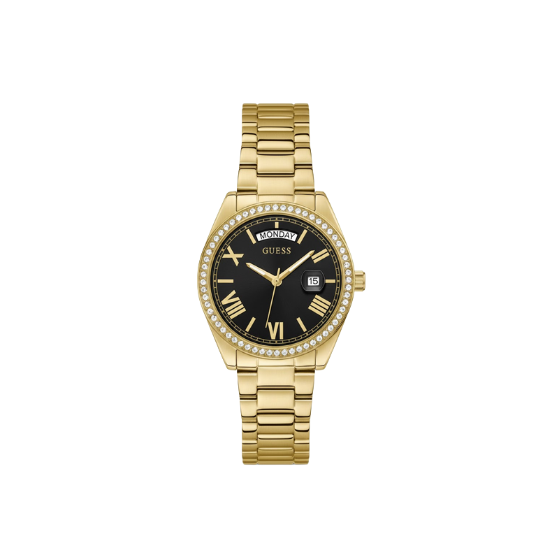 GUESS Luna Diamond-Accented Black Dial Gold Steel Watch for Women
