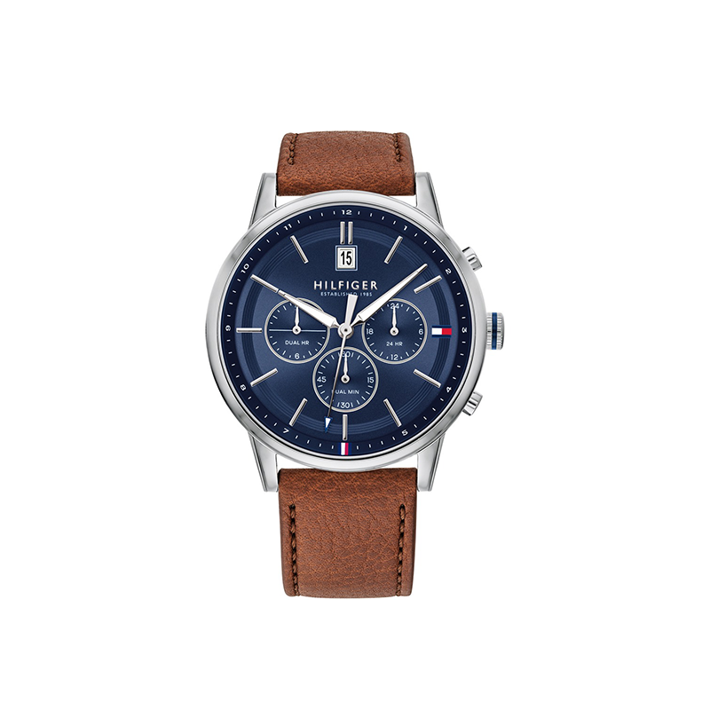 Tommy Hilfiger Kyle Men’s Dual Time Watch 1791629 – Blue Dial & Brown Leather Strap