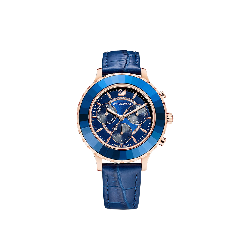 Swarovski Blue Radiant Rose-Gold Crystal-Bezel Sunray Dial Watch – Women’s