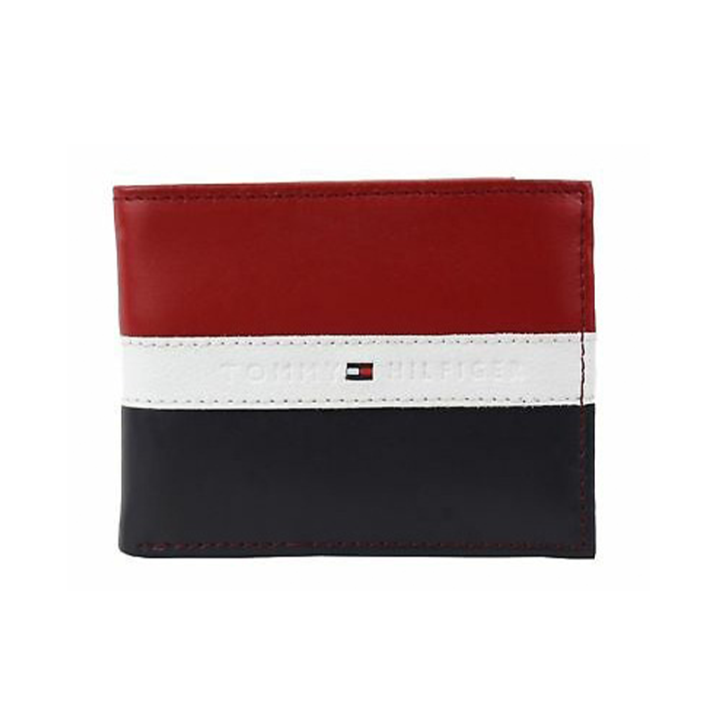 Tommy Hilfiger Men's Leather Wallet Passcase Billfold Rfid Red Navy 31TL220053