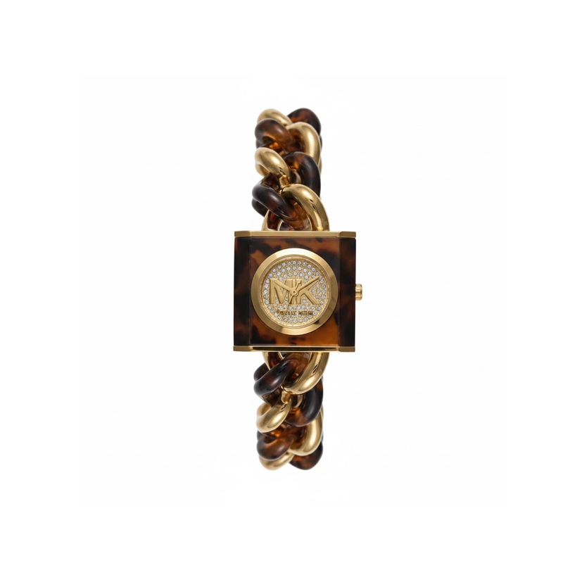 Michael Kors Petite Lock Pavé Gold-Tone & Tortoiseshell Acetate Chain Watch