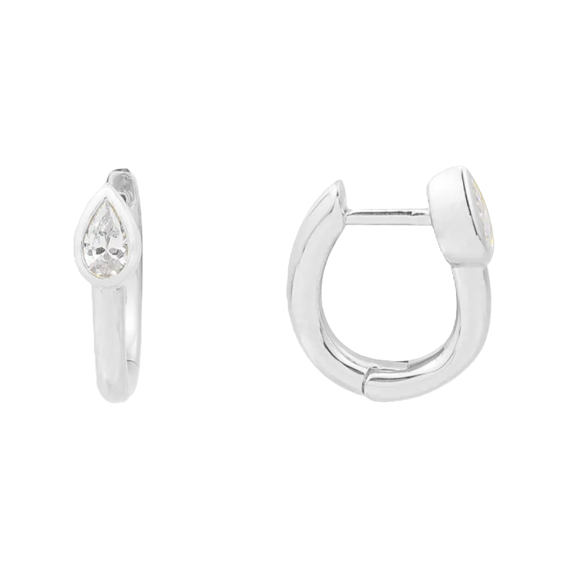 Louvre Teardrop Solitaire Huggie Earrings – White Gold