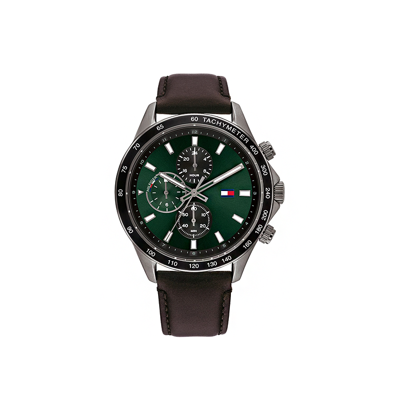 Tommy Hilfiger Miles Dual Time Green Dial Brown Leather Strap Men’s Watch