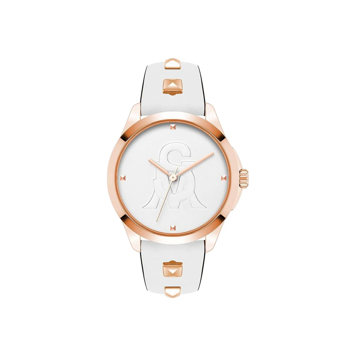 Steve Madden Pyramid Studded Strap Watch – White & Rose Gold