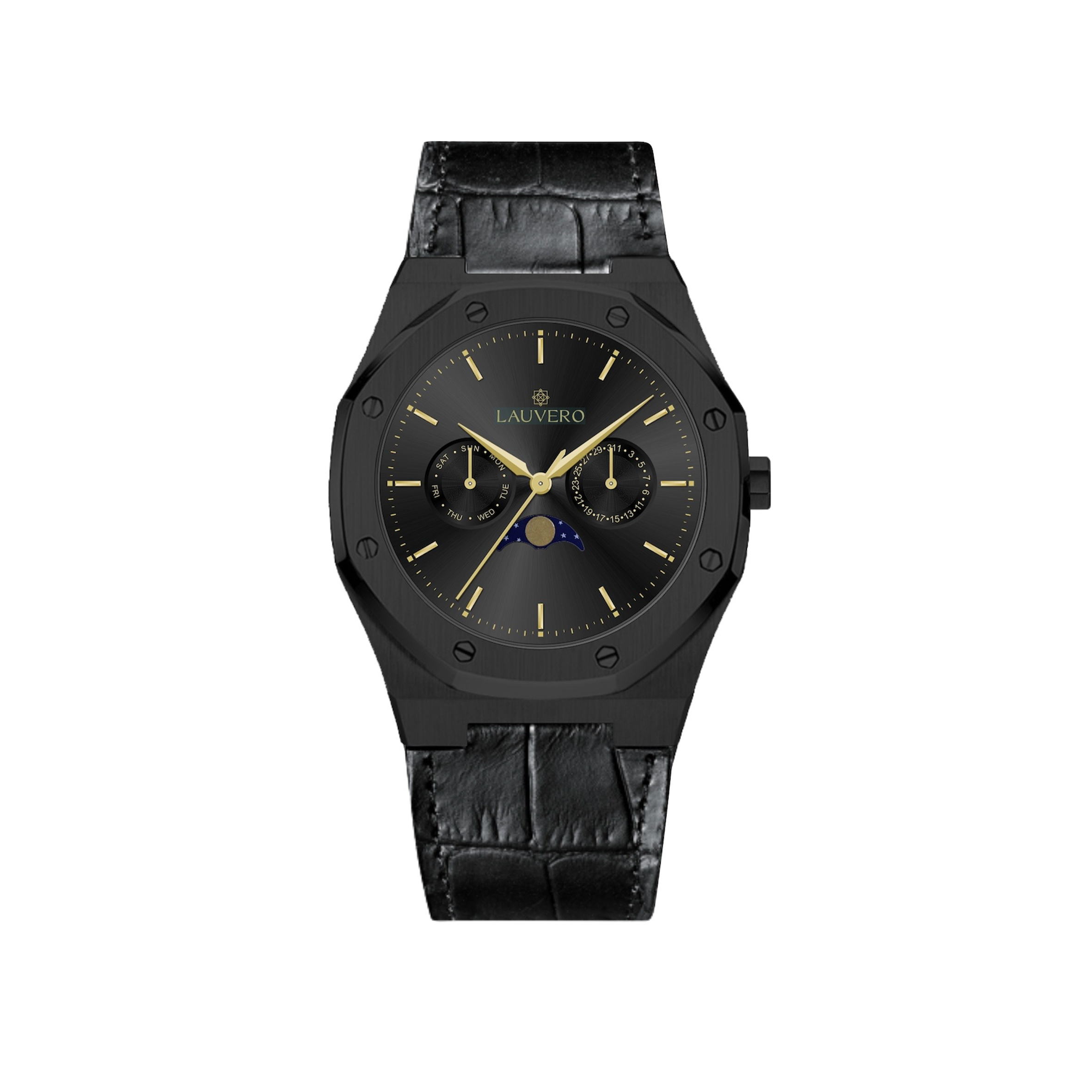 Eclipse Diamond Men’s Watch in Black Stainless Steel and Leather Strap