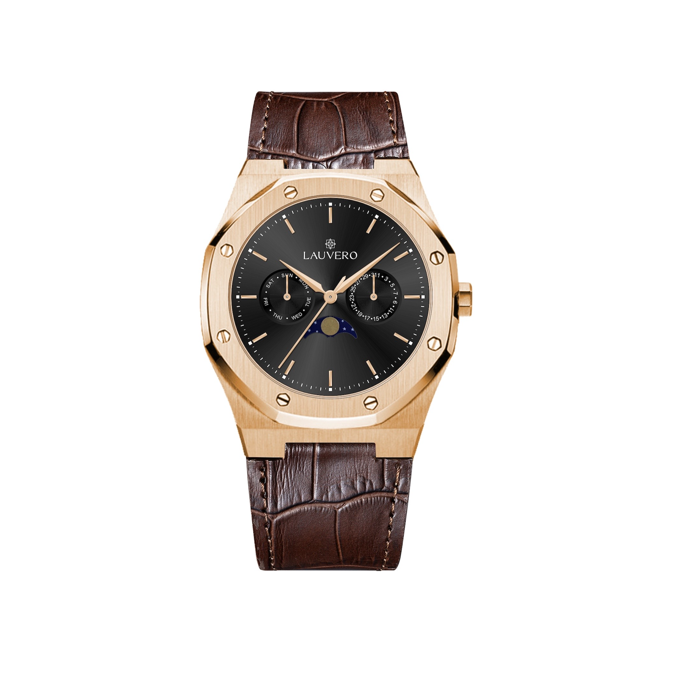 Eclipse Diamond Men’s Watch in Gold-Tone Stainless Steel with Brown Leather Strap