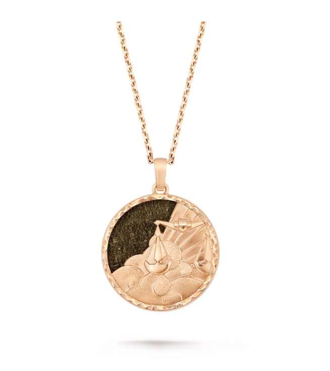 Lauvero Zodiac Libra Medallion Necklace – Rose Gold & Obsidian Shadow Stone