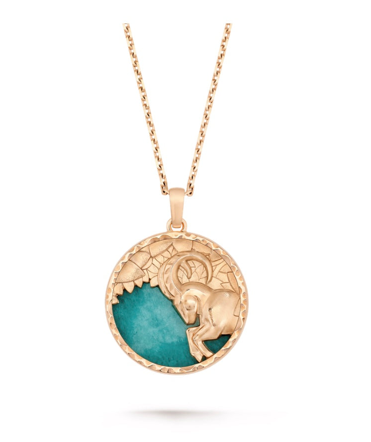 Lauvero Zodiac Capricorn Medallion Necklace – Rose Gold & Aqua Earth Stone